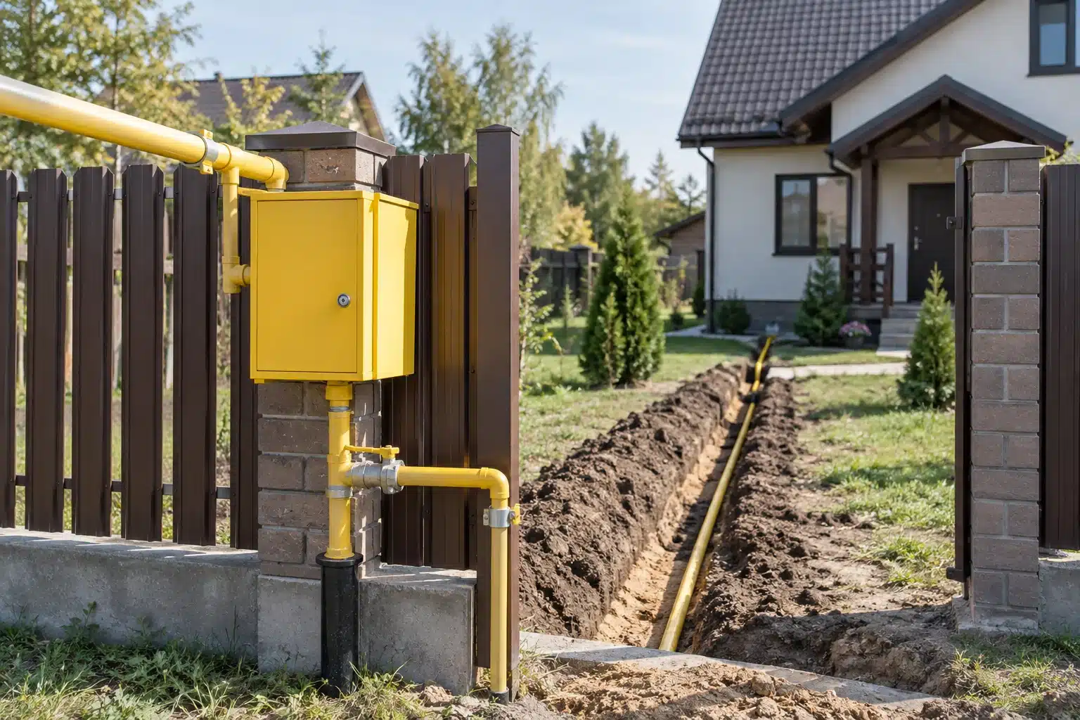Газовый шкаф на границе участка и трасса газопровода к дому